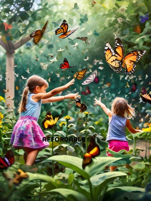 Two little girls playing in a garden with butterflies