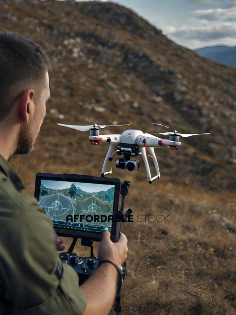 Man flying a drone in a field