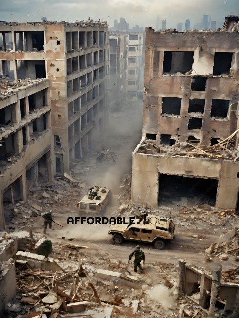 Soldiers in a war zone with a destroyed building in the background