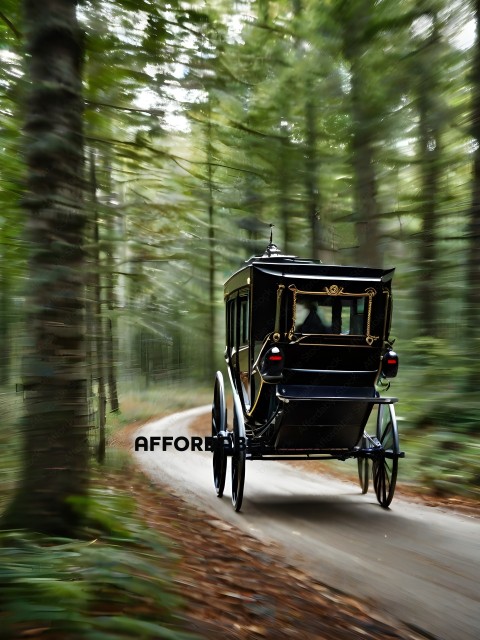A horse and buggy travels down a tree lined road