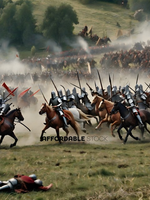 A group of knights riding horses in a field