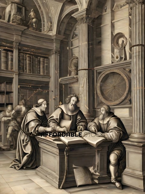 A group of men in olden times are looking at a book