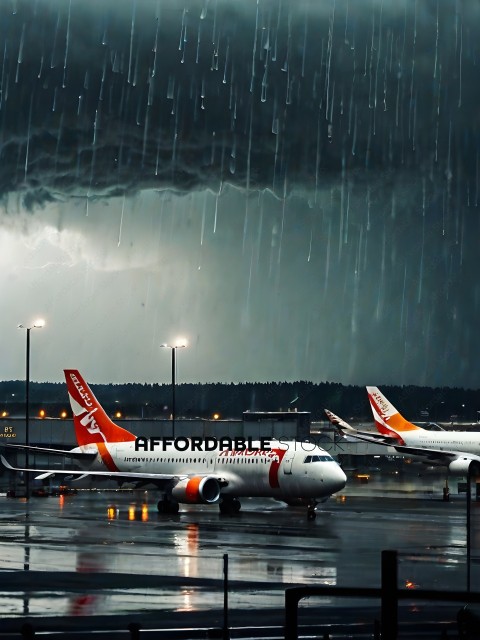 A plane with a red tail is sitting on a runway in the rain