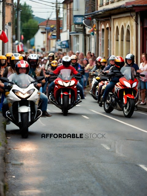 A group of motorcyclists riding down a street