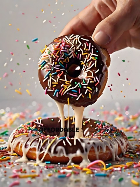 A person is pouring chocolate frosting on a donut