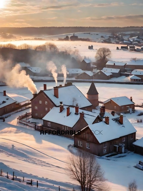 Snowy village with smoke coming from chimneys