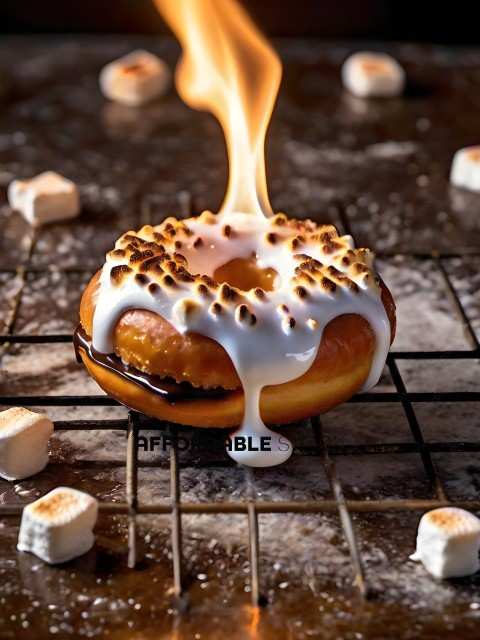 A doughnut with white frosting and a fire on it