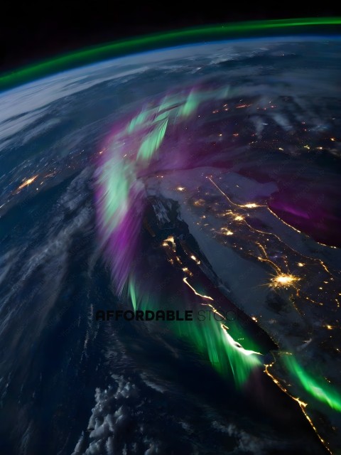 A view of the earth with a purple and green glow