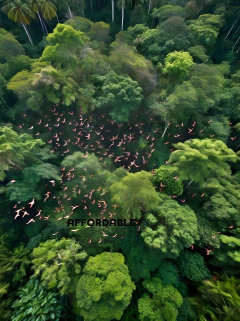 A flock of pink birds in a forest