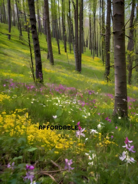 A field of flowers with a forest in the background