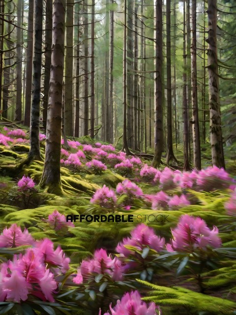 Pink flowers in a forest with moss