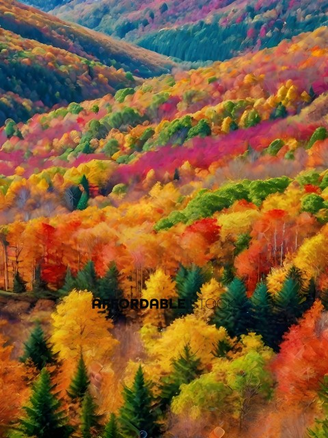 A beautiful autumn scene with trees in the foreground and mountains in the background