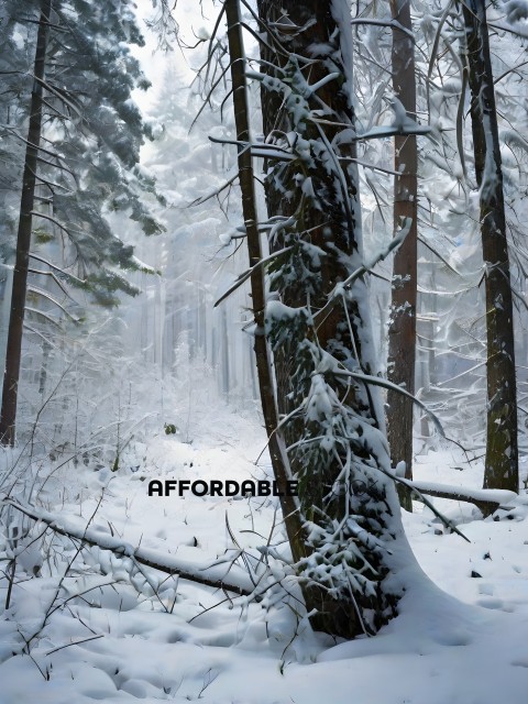 Snowy forest with trees and snow on the ground