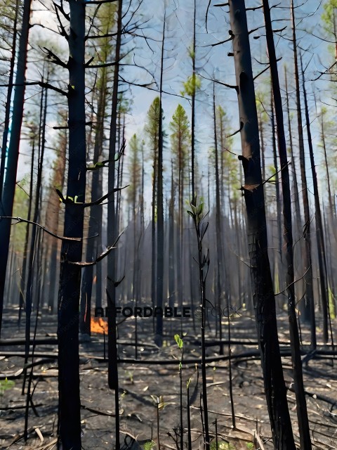 A forest fire in a forest with trees and a fire