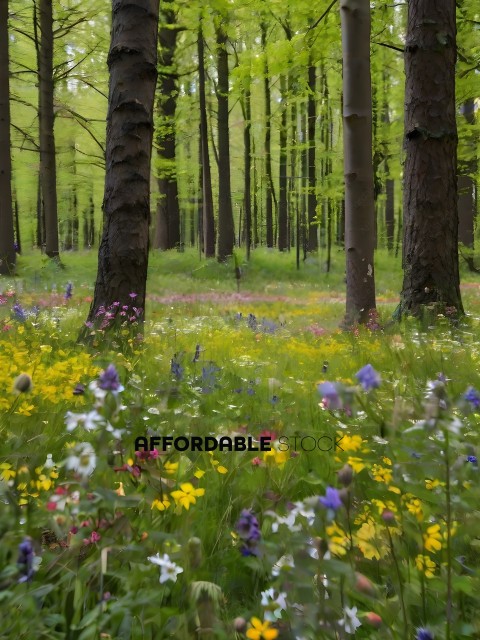 A field of flowers with trees in the background