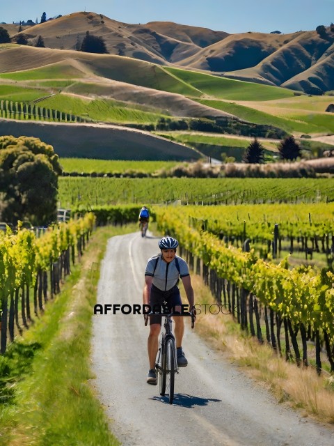 A man rides a bike down a country road lined with vineyards