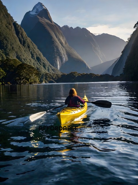 A person in a yellow kayak on a lake