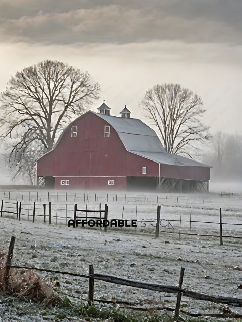 A red barn with a white roof in a snowy field