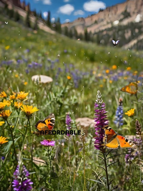 Butterflies and flowers in a field