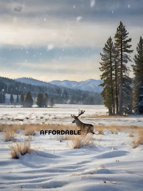 A deer in a snowy field with mountains in the background