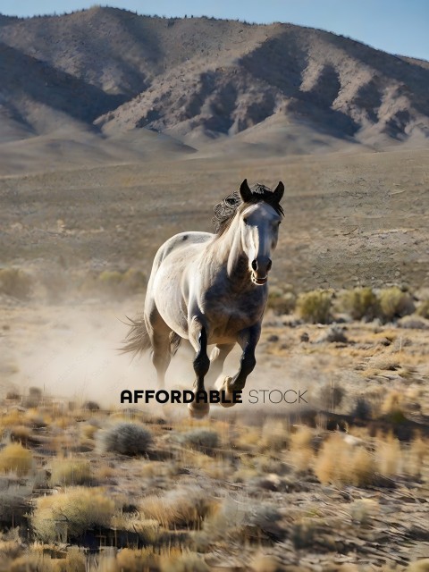 A horse running in a desert landscape