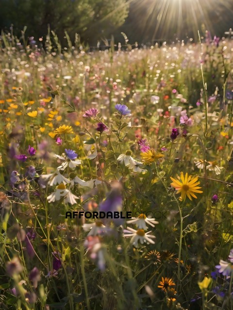 A field of flowers with a yellow sun in the background