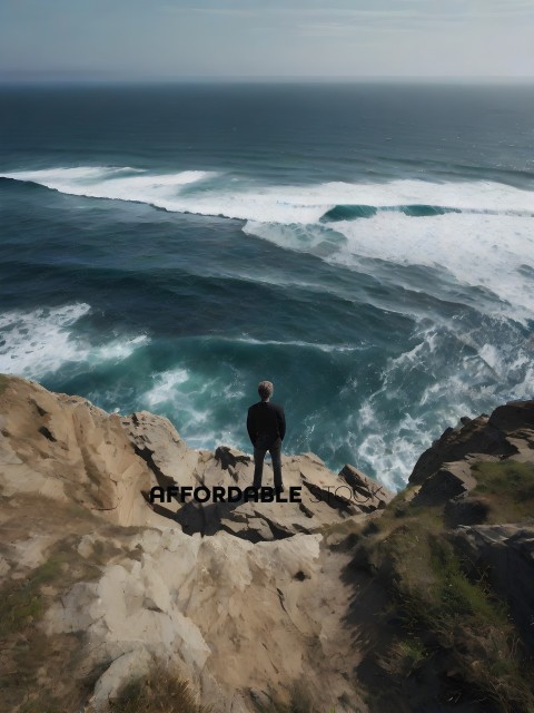 A man standing on a cliff overlooking the ocean