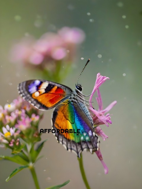A colorful butterfly with a pink flower in its mouth