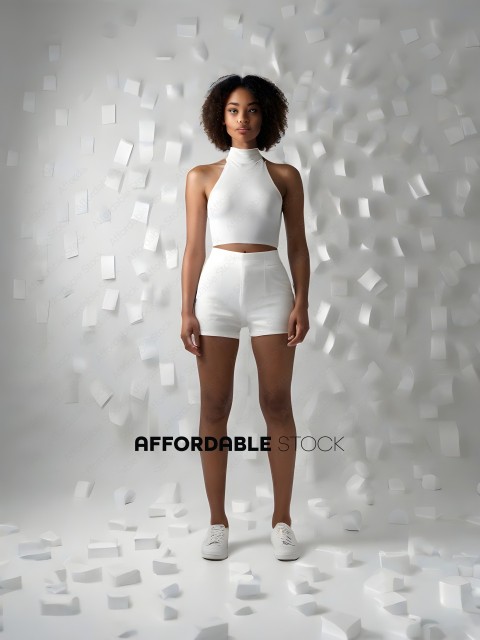 A woman in a white tank top and shorts stands in front of a backdrop of white squares