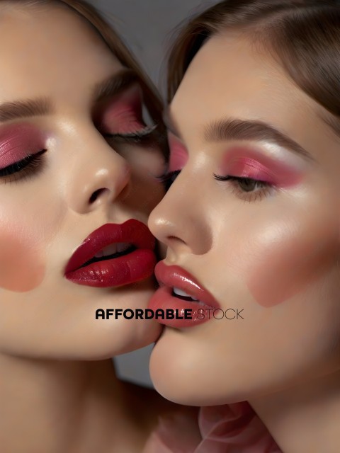 Two women with red lipstick kissing each other