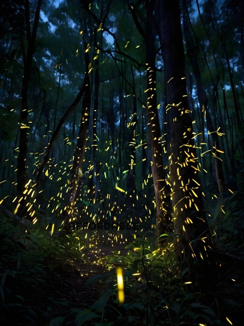 A forest with a path lit by fireflies
