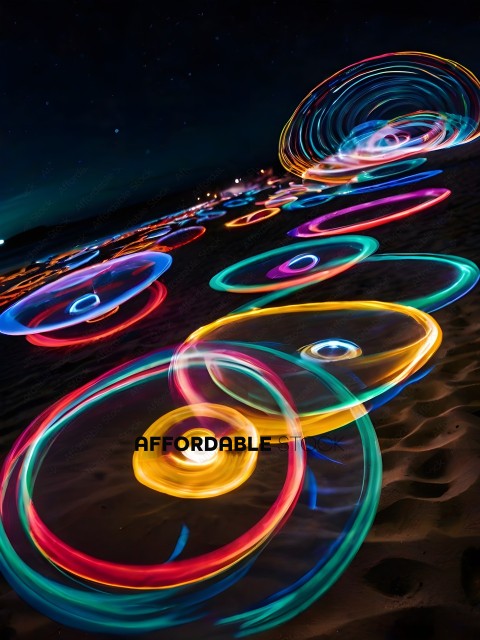 A nighttime scene of colorful lights on the beach