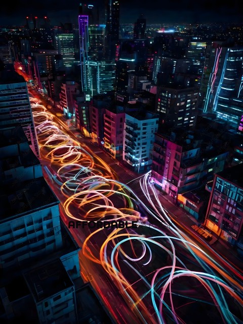 Lights of a city at night with a long line of traffic