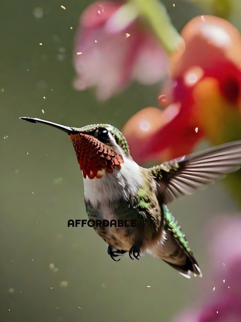 Hummingbird in flight with red and green feathers