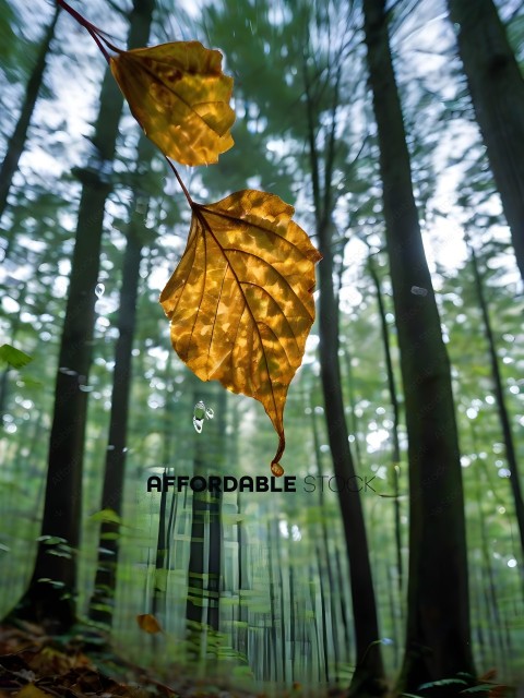 A yellow leaf hanging from a tree in a forest