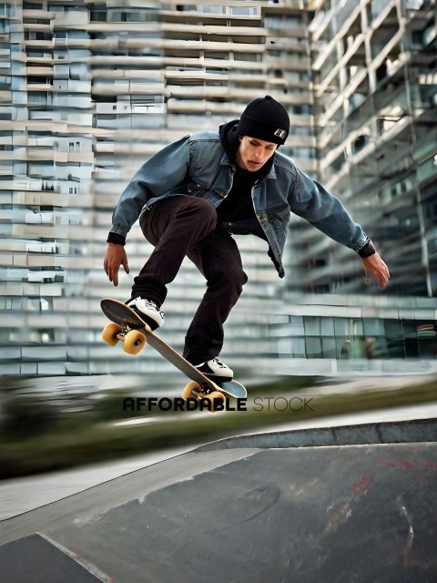 Skateboarder in mid-air trick at skate park
