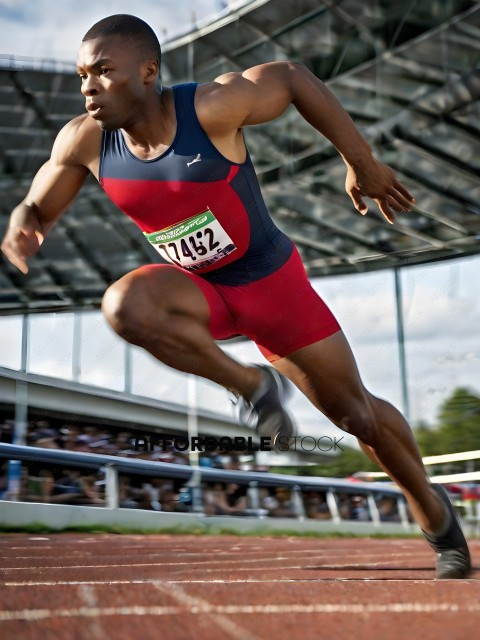 Man in red and blue running outfit with number 74426 on it