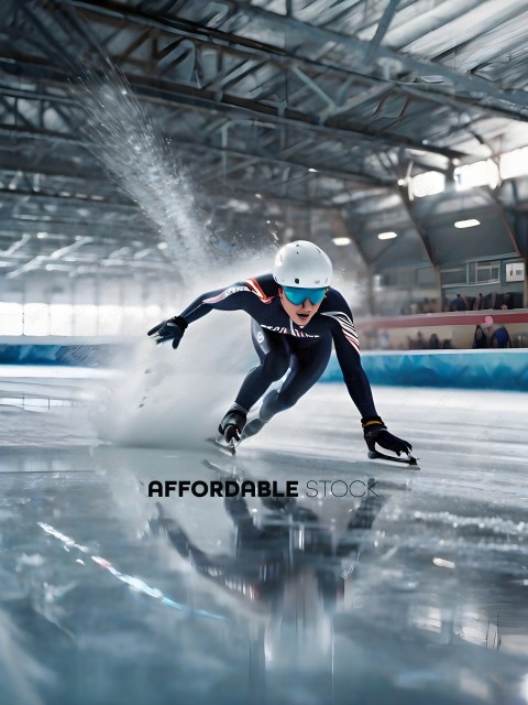 Skier in black suit gliding on ice