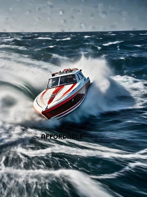 A speed boat with a red and white striped hull