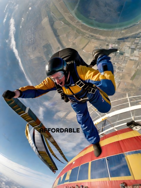 A skydiver in a yellow and blue suit is suspended in midair