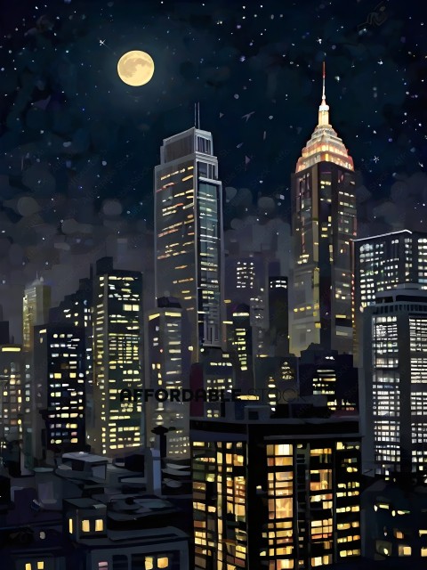 A cityscape at night with a full moon