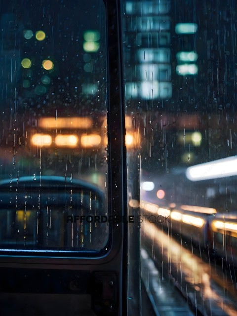 A train window with rain on it