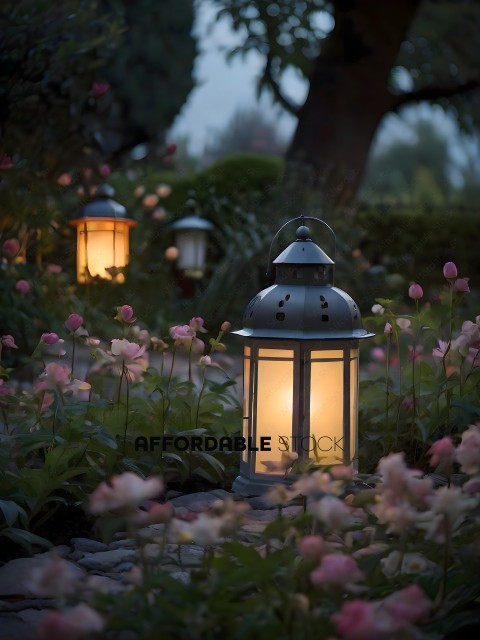 A small garden with a light and flowers