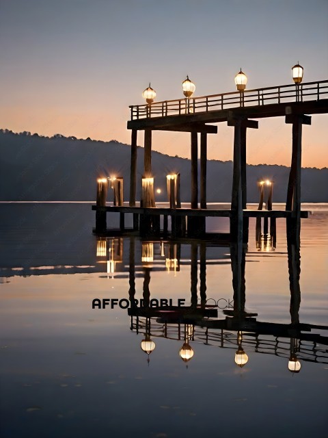 Lights on a pier reflecting in the water