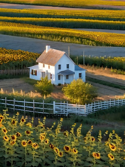 A white farmhouse with a brown roof in a field of sunflowers