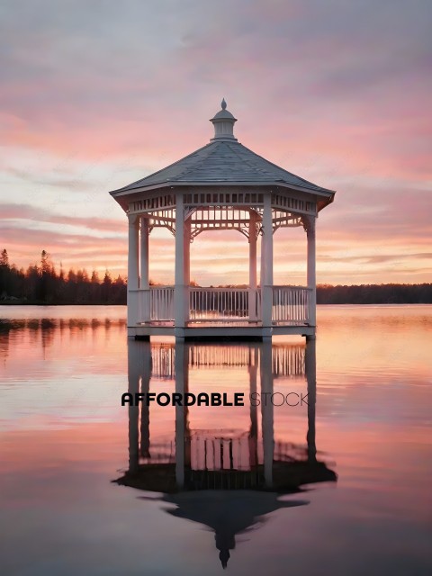 A gazebo reflects in the water at sunset