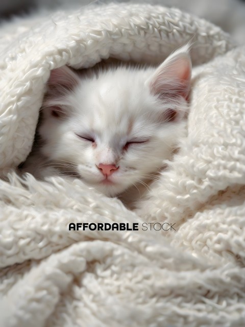 A small white kitten is curled up in a blanket