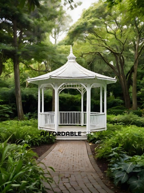 A white gazebo with a white roof and white railings