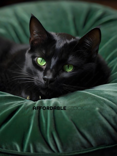 Black Cat with Green Eyes Laying on Green Pillow