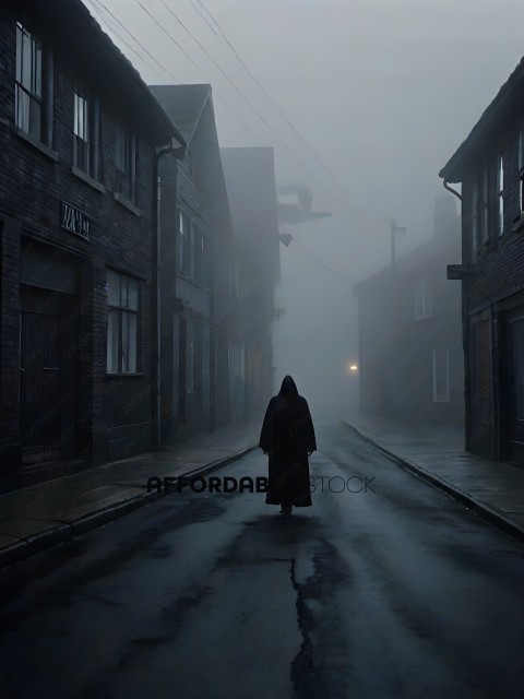 A person in a long black robe walks down a deserted street